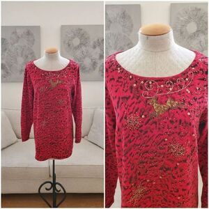 Jack B Quick Beaded Reindeer Christmas Tunic Sweater Sz XL